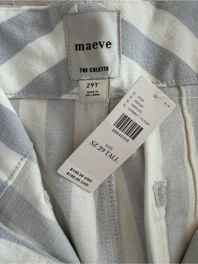 BRAND NEW. Maeve Vertical Stripe Denim Jeans in White and Light Gray/Blue. 29T.